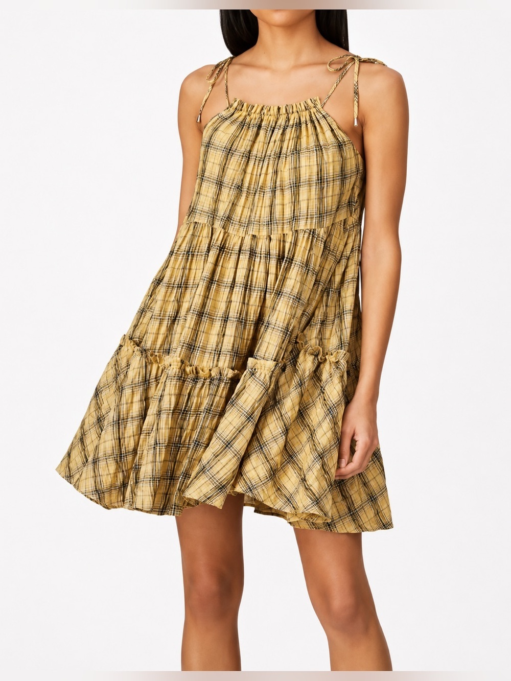 Moon River plaid tiered boho mini dress, XS